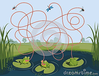 Three frogs caught a mosquito, a fly and a dragonfly. Guess which of them managed to catch which insect. Children`s game picture r Vector Illustration